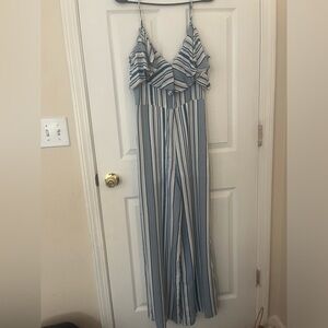 Flying Tomato women’s size‎ M blue/white ruffle off the shoulder jumpsuit